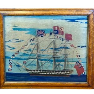 19th Century Sailor's Woolie of Flag-Bedecked Triple Decker Ship of the Line, circa 1850