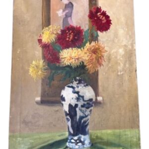 Vintage Still Life Painting with Chinese Vase and Scroll, by Frederick Roberts Johnson