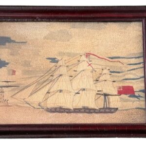 Exceptional Mid 19th Century Sailor's Woolie of Naval Ship Approaching a Lighthouse, circa 1850